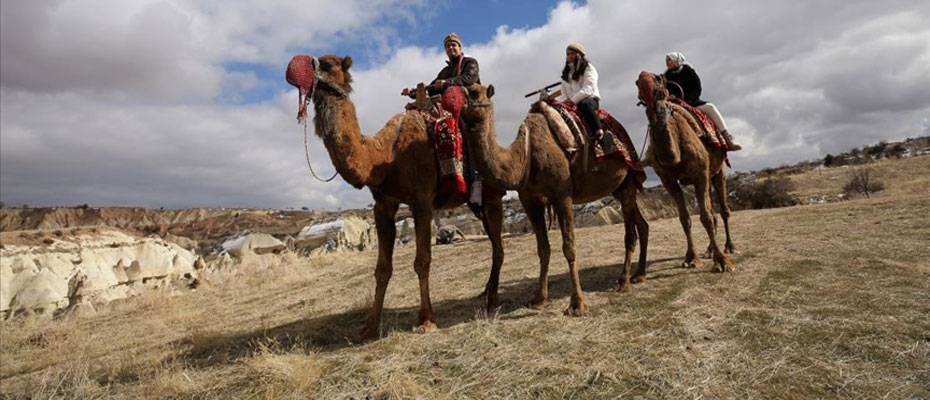 Yabancı turistler Kapadokya’yı deve sırtında keşfediyor