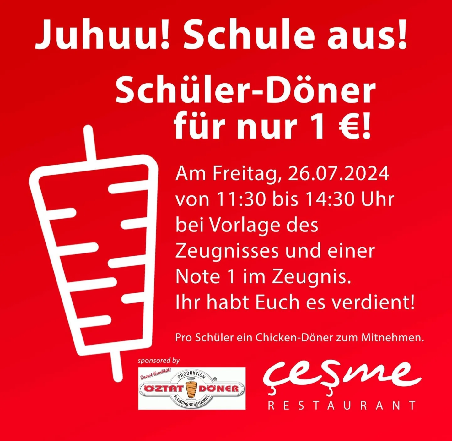 Çeşme Restoran’da karnesi bir olanlara bir Euro’ya döner verecek
